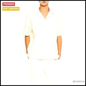 Waffle Knit Cuban Collar Shirt Classic Retro Button Down Regular Fit